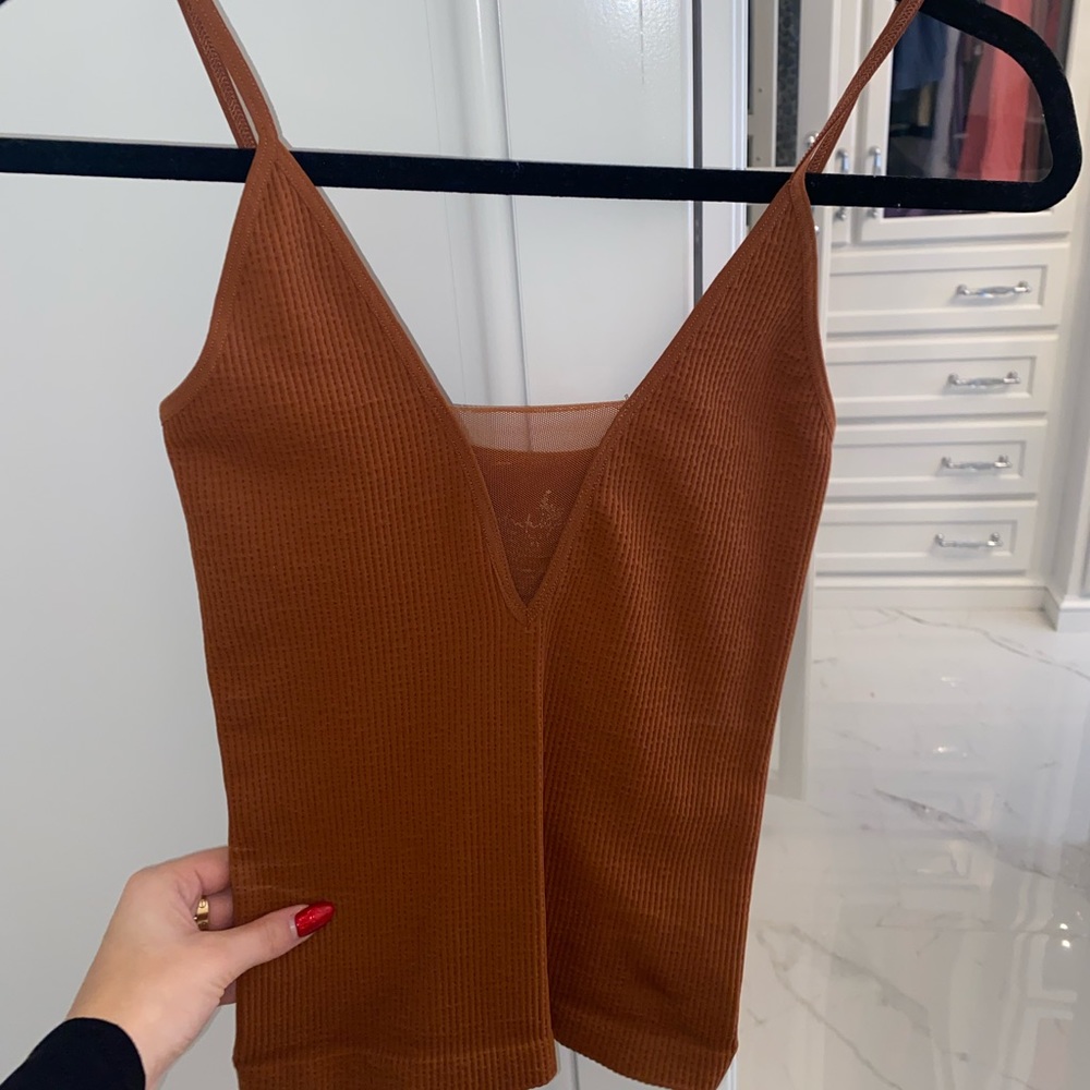 free people rust ribbed stretchy tank top with mesh detail